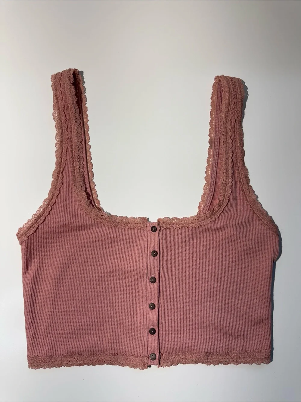 Free People Ribbed Lace-Trim Button Front Crop Top in Dusty Rose
